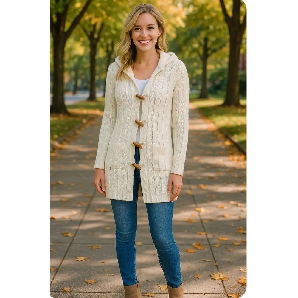 Fancy Design White Knit Hooded Sweater Jacket Toggle Buttons Size S/M NWOT
